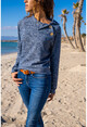Womens Navy Blue Turtleneck Button Detailed Soft Textured Sweater GK-BST3012