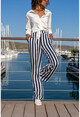 Womens Navy Blue-White Striped Loose Marine Trousers BST3140