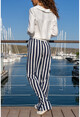 Womens Navy Blue-White Striped Loose Marine Trousers BST3140