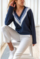 Womens Navy-White V-Neck Garnish Sweater GK-BST2807