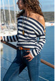 Womens Navy Blue Boat Neck Striped Loose Blouse GK-BST30k2754