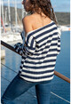 Womens Navy Blue Boat Neck Striped Loose Blouse GK-BST30k2754