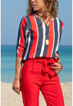 Womens Navy Blue-Red Collar Slit Striped Crepe Blouse GK-BST2841