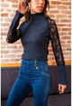 Womens Navy Blue Sleeve Lace Detailed Blouse GK-BST30kT4006-1750