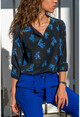 Womens Navy Blue-Blue Collar Slit Crepe Blouse GK-BST2752