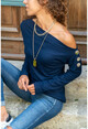 Womens Navy Blue Shoulder Decollete Buttoned Sweater GK-BSTYN2747