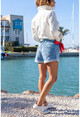 Womens Blue Waist Pleated High Waist Buttoned Double Leg Shorts GK-CM217