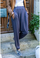 Womens Blue Waist Elastic Pocket Wool Loose Shalwar Trousers GK-BST2992
