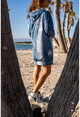 Womens Blue Wash Printed Hooded Loose Dress GK-CCK20747
