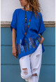 Womens Blue Washed Linen Skirt Feather Printed Loose Blouse GK-RSD2035