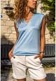 Womens Blue Soft Textured V-Neck Blouse BST2892