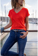 Womens Coral V-Neck Bat Sleeve Basic T-Shirt GK-JR211