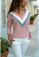 Womens Powder V-Neck Color Block Sweater GK-BST2750