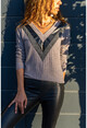 Womens Powder V-Neck Patterned Leather Garnish Block Sweater GK-BST2987