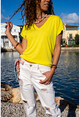 Kadın Sarı V Yaka Yarasa Kol Basic T-Shirt GK-JR211