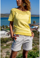 Womens Yellow Washed Skirt And Shoulder Mesh Soft Textured Loose T-Shirt GK-RSD2063