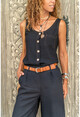Womens Black Strap Button Linen Blouse GK-BST2910