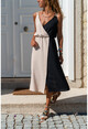 Kadın Siyah-Bej Hasır Askılı Kruvaze Color Block Airobin Elbise BST2922