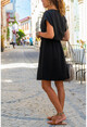 Kadın Siyah Beli Büzgülü Yakası Yırtmaçlı Keten Elbise GK-BST2874