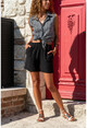 Womens Black Elastic Waist Double Leg Linen Shorts GK-BST2891