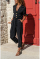 Womens Black Jacket Collar Waist Elastic Airobin Overalls BSTY2622