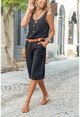Womens Black Pocketed Double Leg Linen Bermuda Shorts GK-BSTW2912
