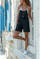 Womens Black Washed Linen Double Leg Shorts With Pockets GK-GG316