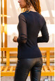 Womens Black Patterned Tulle Garnish Blouse BST30kT4007-1360