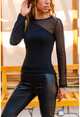 Womens Black Patterned Tulle Garnish Blouse BST30kT4007-1360