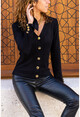Womens Black Button Detailed Soft Textured Cardigan GK-BST3007