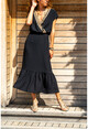 Womens Black Straw Embroidered Skirt Ruffle Long Dress GK-BST2556