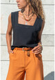 Womens Black Square Collar Linen Blouse GK-BST2911
