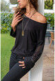 Womens Black Boat Collar Sleeve Tulle Blouse GK-BST30kT4006-1100