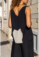 Womens Black Linen Tie Shoulder Pieced Asymmetrical Blouse BST3153