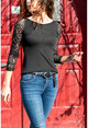 Womens Black Sleeves Lace Boat Neck Blouse BSTT4006-1840