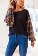 Womens Black Sleeves Cashmere Pattern Chiffon Blouse GK-BST2802
