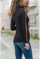 Womens Black Sleeves Tulle Striped Turtleneck Blouse BSTT4006-1890