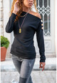 Womens Black Off Shoulder Buttoned Sweater GK-BSTYN2747