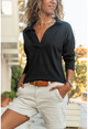 Womens Black Polo Neck Linen Blouse GK-BST2940