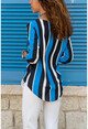 Womens Black-Sax Neck Slit Striped Crepe Blouse GK-BST2841
