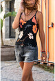 Womens Black-Orange Patterned Strap Crepe Blouse GK-BST2845