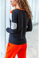Womens Black-Orange Velvet Garnish Color Block Sweatshirt GK-BST2804