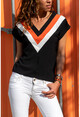 Womens Black V-Neck Block Sweater GK-BST2850