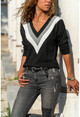Womens Black V-Neck Color Block Sweater Gk-BSTM2750