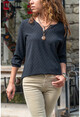 Womens Black Collar Slit Special Textured Blouse GK-BST2841