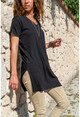 Womens Black Slit V-Neck Long T-Shirt GK-BST6007-2