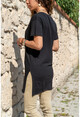 Womens Black Slit V-Neck Long T-Shirt GK-BST6007-2