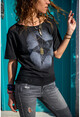 Womens Black Washed Mesh Star Printed Loose T-Shirt GK-RSD2031
