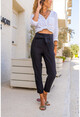 Womens Black Washed Linen High Waist Self Belt Slim Leg Pants BST3118