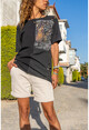 Womens Black Washed Ripped Color Block Tiger Printed T-Shirt GK-RSD2058